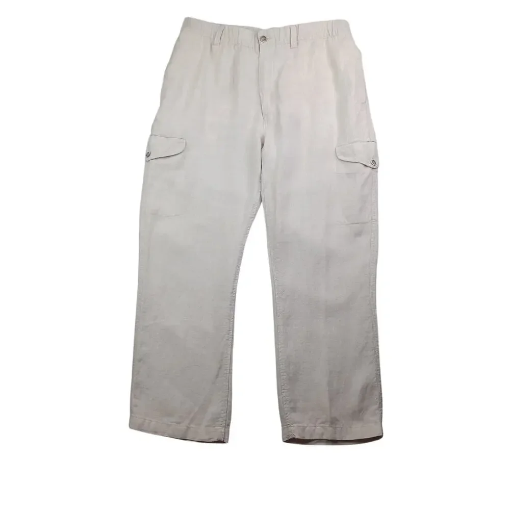 Caribbean 100% Linen Cargo Pants Men's 36x30 Beige Drawstring Coastal Straight